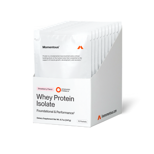Box of Whey Protein Isolate 10-Travel Packs in strawberry flavor with white packaging, designed for muscle support and recovery, displayed in a standing white dispenser box.