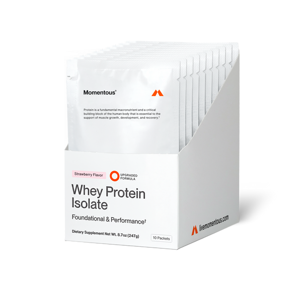 Box of Whey Protein Isolate 10-Travel Packs in strawberry flavor with white packaging, designed for muscle support and recovery, displayed in a standing white dispenser box.