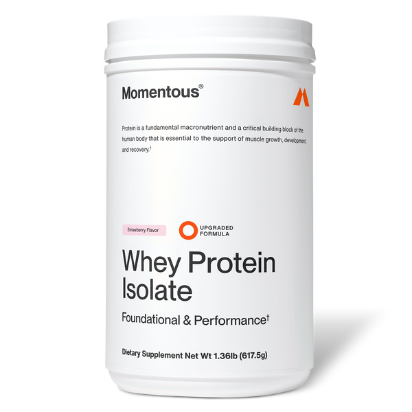 Container of Whey Protein Isolate dietary supplement in strawberry flavor with a clean white label emphasizing foundational and performance benefits for muscle growth and recovery.