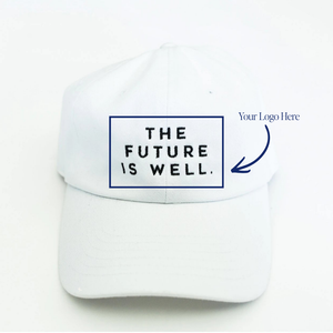 White dad hat featuring THE FUTURE IS WELL text and a Your Logo Here placeholder, Dad Hat - Private Label | Lucky Owl