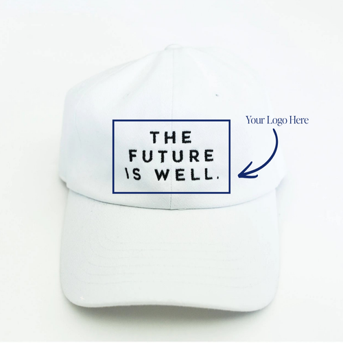 White dad hat featuring THE FUTURE IS WELL text and a Your Logo Here placeholder, Dad Hat - Private Label | Lucky Owl
