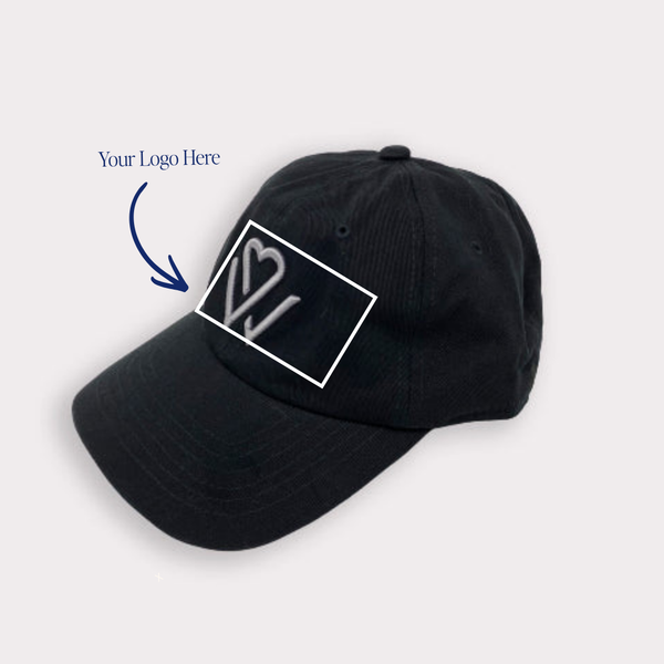 Dad Hat - Private Label | Lucky Owl black cap with curved brim, adjustable back, blank front panel outlined for custom logo placement and Your Logo Here callout