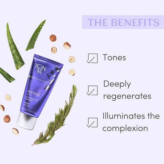 Tube of Phyto 52 Crème - Firming, Anti-Aging, Revitalizing I Yon-Ka Paris skincare cream surrounded by natural ingredients and text highlighting its benefits to tone, deeply regenerate, and illuminate the complexion.