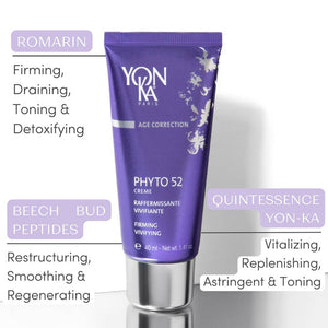 Purple tube of Phyto 52 Crème - Firming, Anti-Aging, Revitalizing I Yon-Ka Paris displayed with ingredients and benefits like firming, detoxifying, smoothing, and toning for skincare and wellness.