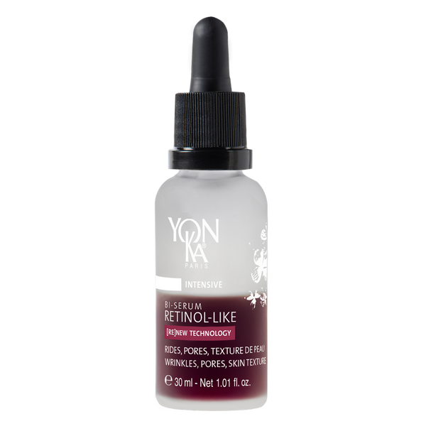 Bottle of Retinol-Like Bi-Serum | Yon-Ka Paris with dropper cap, featuring clear frosted glass and label highlighting skincare benefits for wrinkles, pores, and skin texture.
