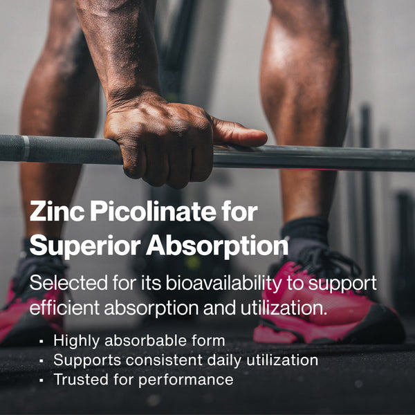Close-up of a person gripping a barbell during weightlifting, highlighting strength and fitness, with text emphasizing Zinc Picolinate’s benefits for absorption and performance.