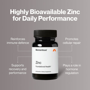Black bottle of Zinc dietary supplement highlighting benefits such as reinforcing immune defense, supporting recovery and performance, promoting cellular repair, and aiding hormone regulation for daily wellness.