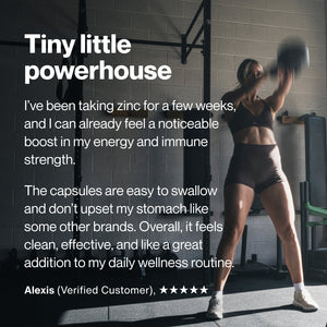 Woman exercising with a kettlebell in a gym beside a testimonial praising Zinc for boosting energy and immune strength as part of a daily wellness routine.
