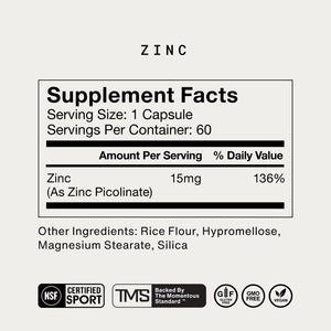 Supplement facts for Zinc showing 15mg per capsule providing 136% daily value, with other ingredients listed and certification logos for sport, gluten-free, GMO-free, and vegan.