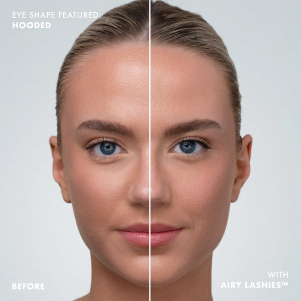 Comparison of a woman's face with hooded eye shape before and after applying Lashies™ - Airy - On The Go | Moxielash, showing enhanced eyelash volume and definition on one side.