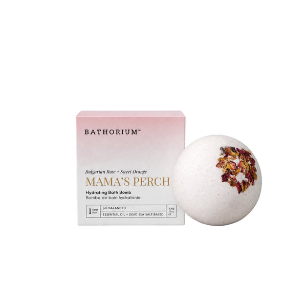 Mama's Perch Bath Bomb | Bathorium box and white bath bomb with dried flower petals, featuring Bulgarian Rose and Sweet Orange skincare ingredients