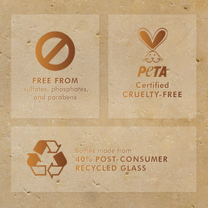 Sustainability icons highlighting Moroccanoil Treatment | Moroccanoil as free from sulfates, phosphates, and parabens, PETA certified cruelty-free, and bottles made from 40% post-consumer recycled glass.