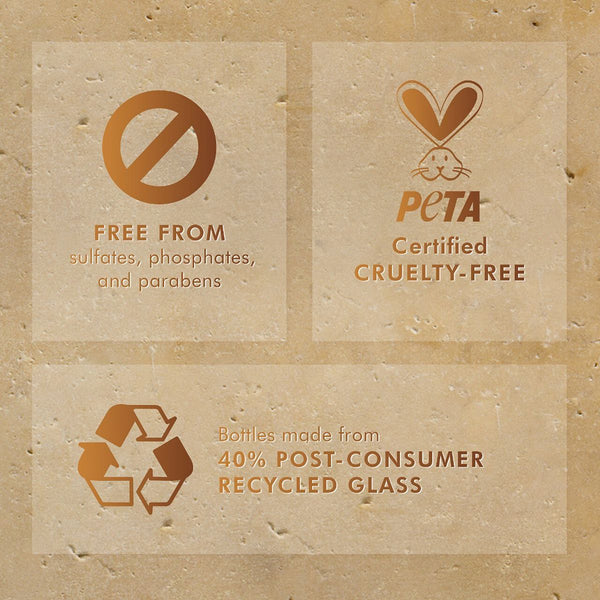 Sustainability icons highlighting Moroccanoil Treatment | Moroccanoil as free from sulfates, phosphates, and parabens, PETA certified cruelty-free, and bottles made from 40% post-consumer recycled glass.