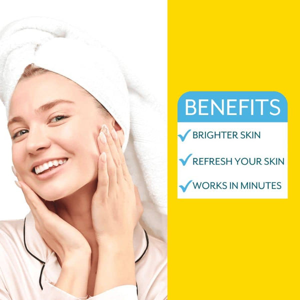 Smiling woman with a towel wrapped around her head gently touching her face alongside a list highlighting benefits of Moodmask - just let it glow | Patchology for brighter and refreshed skin in minutes.