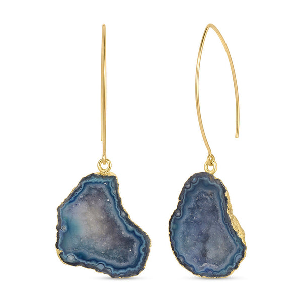 Pair of Blue Geode Earrings | Meghan Bo featuring natural blue geode stones with gold edges and slender gold hooks for a unique, elegant style.