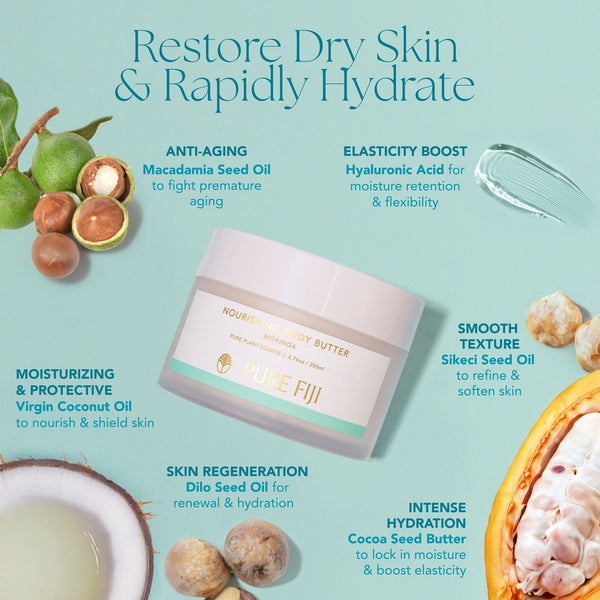 Nourishing Body Butter | Pure Fiji jar surrounded by natural ingredients including macadamia nuts, coconut, dilo seeds, hyaluronic acid, sikeci seed oil, and cocoa seed butter highlighting skincare benefits for hydration and skin renewal.