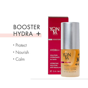 Bottle and packaging of Hydra + Booster – Hydrating Solution I Yon-Ka Paris shown alongside text highlighting its benefits to protect, nourish, and calm the skin.