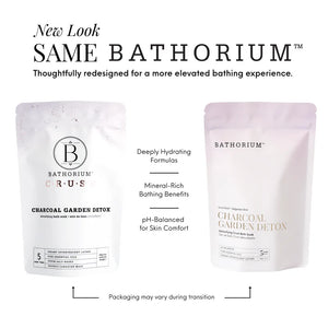 Charcoal Garden Detox Crush | Bathorium packaging comparison showing original and redesigned pouches with deeply hydrating, mineral rich, pH balanced bathing benefits