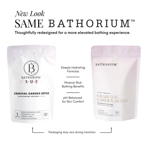 Charcoal Garden Detox Crush | Bathorium packaging comparison showing original and redesigned pouches with deeply hydrating, mineral rich, pH balanced bathing benefits