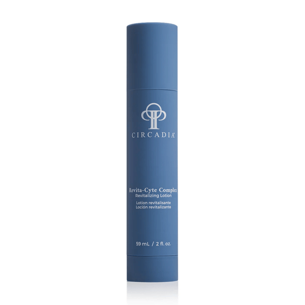Blue cylindrical bottle of Revita-Cyte Complex | Circadia revitalizing lotion for skincare, designed to improve skin health and vitality.