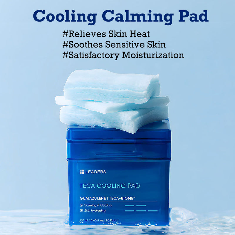Blue container of Teca Cooling Pad | Leaders with branding and product benefits for calming, cooling, and skin hydrating visible on the label.