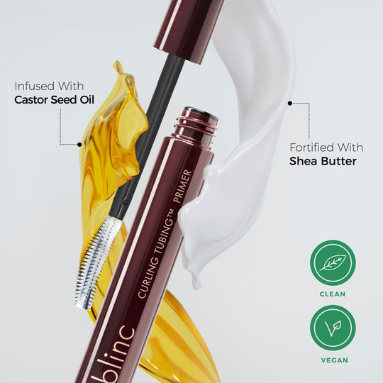 Curling TUBING™ Primer | Blinc with applicator brush, highlighted ingredients of castor seed oil and shea butter, promoting clean and vegan beauty care.