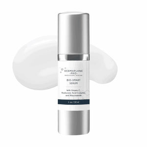 Bio-Smart Serum | DermaplanePro skincare product in sleek silver packaging with Vitamin C, Hyaluronic Acid Complex, and Niacinamide, displayed with a smooth serum texture background.