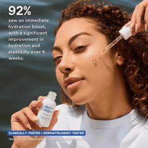 Woman applying Jelly Drops™ Kakadu Plum + Mushroom Hyaluronic Acid Serum | Three Ships to her cheek, with text highlighting 92% saw immediate hydration boost and improved elasticity over 4 weeks.