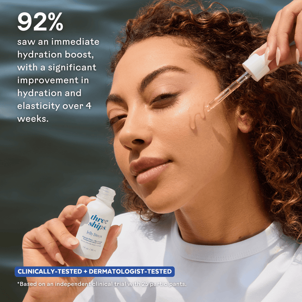 Woman applying Jelly Drops™ Kakadu Plum + Mushroom Hyaluronic Acid Serum | Three Ships to her cheek, with text highlighting 92% saw immediate hydration boost and improved elasticity over 4 weeks.