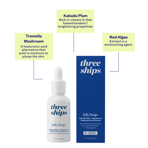 Jelly Drops™ Kakadu Plum + Mushroom Hyaluronic Acid Serum | Three Ships bottle and box with callouts highlighting Tremella Mushroom for moisture, Kakadu Plum for vitamin C and brightening, and Red Algae extract as a moisturizer.