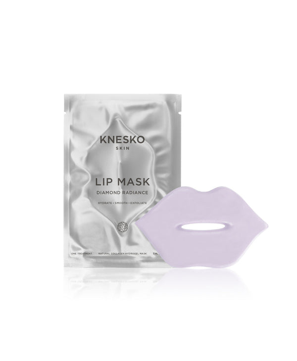 Diamond Radiance Collagen Lip Mask | KNESKO with a shimmering silver package and a lavender lip-shaped collagen hydrogel mask for skincare and hydration.