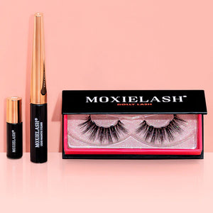 Set of Dolly Lash | Moxielash false eyelashes with black and gold eyeliner and adhesive on a pink background, highlighting beauty and eyelash enhancement products.