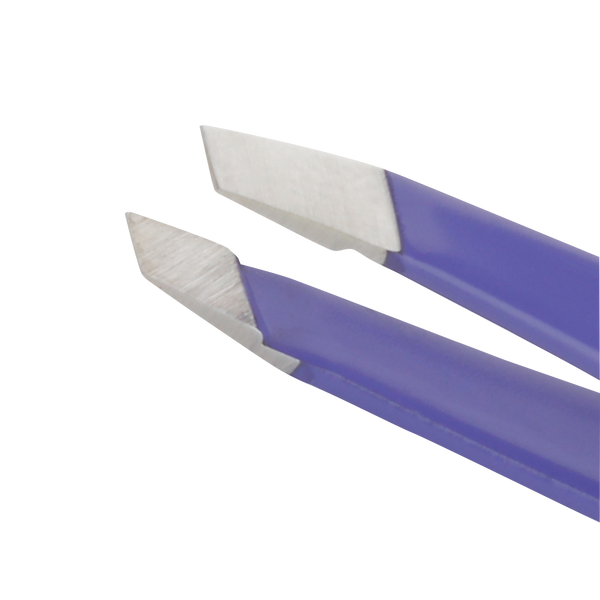 Close-up of stainless steel precision tips on a purple handled Blooming Lilac Mini Slant Tweezer | Tweezerman designed for detailed grooming and skincare use.