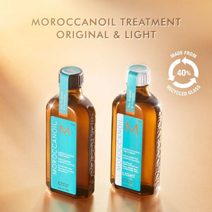 Two amber glass bottles of Moroccanoil Treatment | Moroccanoil, Original and Light versions, with turquoise labels and text highlighting recycled glass content.