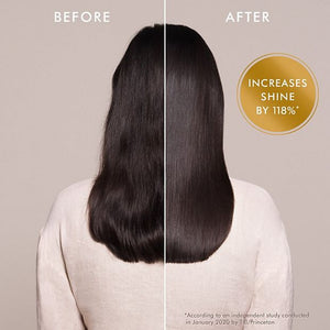 Comparison of long dark hair before and after treatment showing increased shine and smoothness using Moroccanoil Treatment | Moroccanoil in a wellness and skincare context.