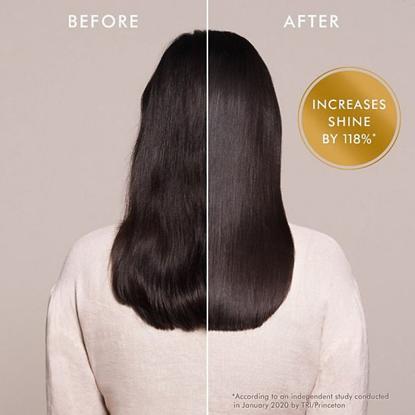 Comparison of long dark hair before and after treatment showing increased shine and smoothness using Moroccanoil Treatment | Moroccanoil in a wellness and skincare context.