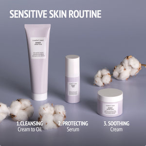 Remedy Cream to Oil | [ comfort zone ] tube displayed alongside serum and cream jars with cotton flowers, promoting a sensitive skin routine in gentle skincare products.