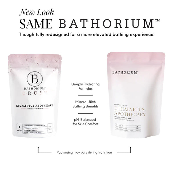 Eucalyptus Apothecary Crush | Bathorium packaging comparison showing original and redesigned pouches with deeply hydrating formulas and mineral rich bathing benefits