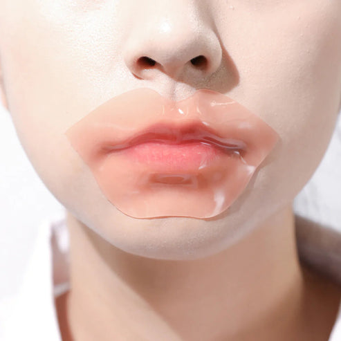 Close-up of a person wearing a Hydrating Reusable Lip Mask | Dreambox Beauty for intense lip hydration and skincare treatment.