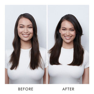 Side-by-side comparison of a woman’s hair before and after using Volumizing Mousse | Moroccanoil, showing visibly fuller and smoother hair in the after image.