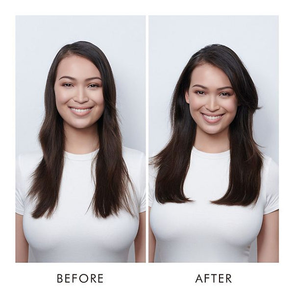 Side-by-side comparison of a woman’s hair before and after using Volumizing Mousse | Moroccanoil, showing visibly fuller and smoother hair in the after image.