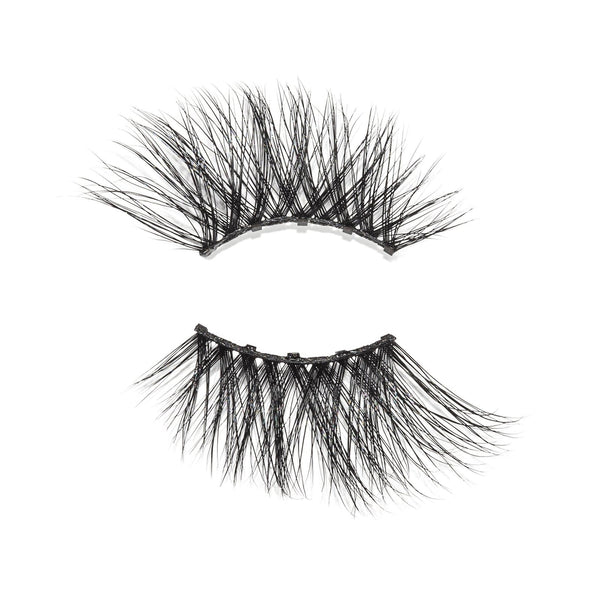 Pair of black, wispy false eyelashes designed for a natural yet voluminous look, labeled Foxy Lash | Moxielash, ideal for enhancing eye makeup with lightweight comfort.