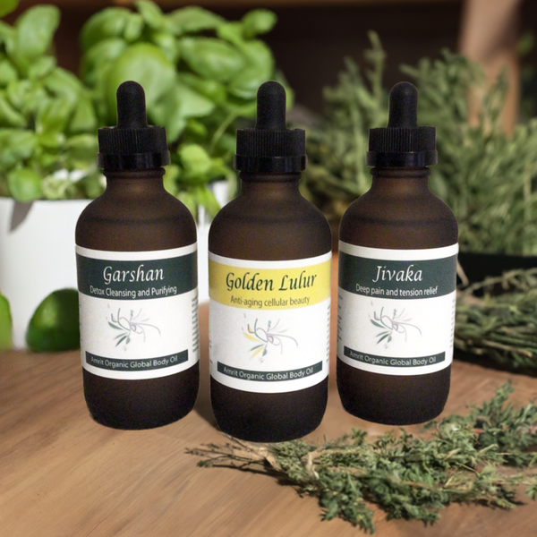 Golden Lulur Body Oil | Red Cherry Group in a brown glass dropper bottle with natural herbal ingredients in the background, highlighting skincare and body care benefits.