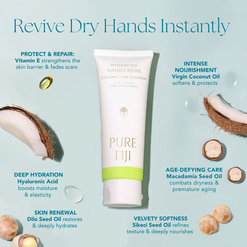 Hydrating Hand Crème | Pure Fiji in a white and pink tube with guava scent, displayed on a soft pink background with tropical leaves and petals for a fresh skincare vibe.
