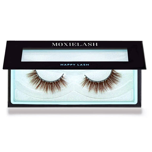 Close-up of a pair of natural brown false eyelashes in a black case with a transparent lid, labeled Happy Lash | Moxielash, designed for enhancing eye appearance.