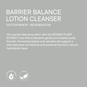 Text description of Barrier Balance Lotion Cleanser | Babor product detailing its gentle cleansing formula with biogen plant extract, mild surfactants, fermented plants, and oils for skin microbiome support and hydration.