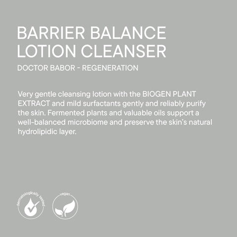 Text description of Barrier Balance Lotion Cleanser | Babor product detailing its gentle cleansing formula with biogen plant extract, mild surfactants, fermented plants, and oils for skin microbiome support and hydration.