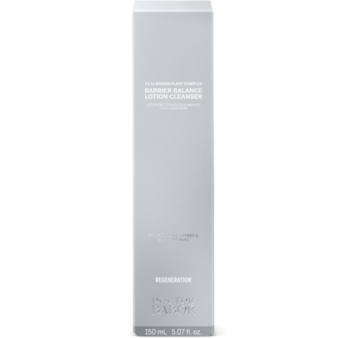 Sleek packaging of Barrier Balance Lotion Cleanser | Babor, a skincare product designed to gently cleanse and support skin regeneration with a biogen plant complex.