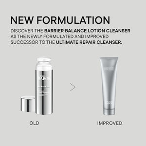 Comparison of old and improved packaging for the Barrier Balance Lotion Cleanser | Babor, highlighting the new formulation as successor to the Ultimate Repair Cleanser.