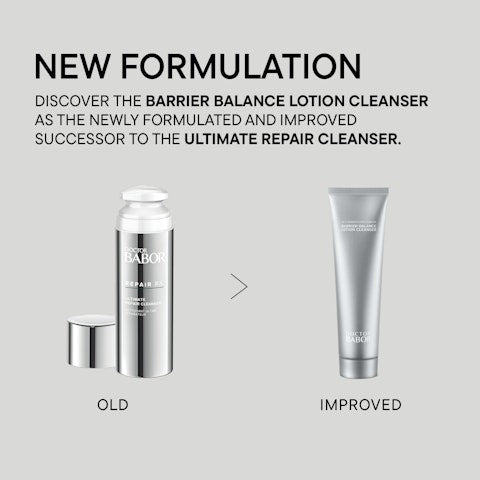 Comparison of old and improved packaging for the Barrier Balance Lotion Cleanser | Babor, highlighting the new formulation as successor to the Ultimate Repair Cleanser.